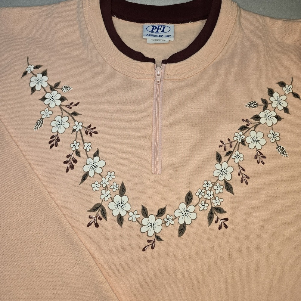 Vtg PFI Peach Pink Graphic Print Floral Sweatshirt 1/4 Zip Cottagecore Grandma L - Picture 2 of 9